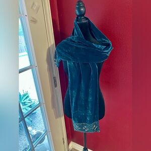 Limited Edition Velvet Silk Scarf Teal Green Beaded Mirror Wrap Shawl